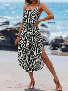 Vestido midi sin mangas con efecto tie-dye, con cintura ajustable y abertura, para el verano - Multicolor - Ver 3