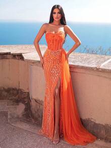 Strapless Beaded Mesh Mermaid Evening Gown - High Slit Design Fall Wedding - Orange - View 1