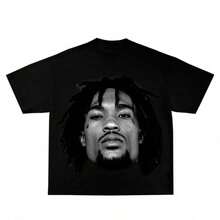 Vintage Graphic T-Shirt Inspired By Hunxho, Thick Cotton, 90s Basketball Style, Hip Hop Style, Y2K Aesthetic, Retro, Classic, With Large Celebrity Face Print YWSM - 黑色 - 查看 12