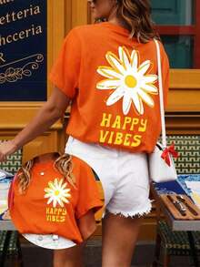 Camiseta de mujer, camiseta de manga corta con gráfico de estilo casual de calle, top de verano lindo - Naranja - Ver 3