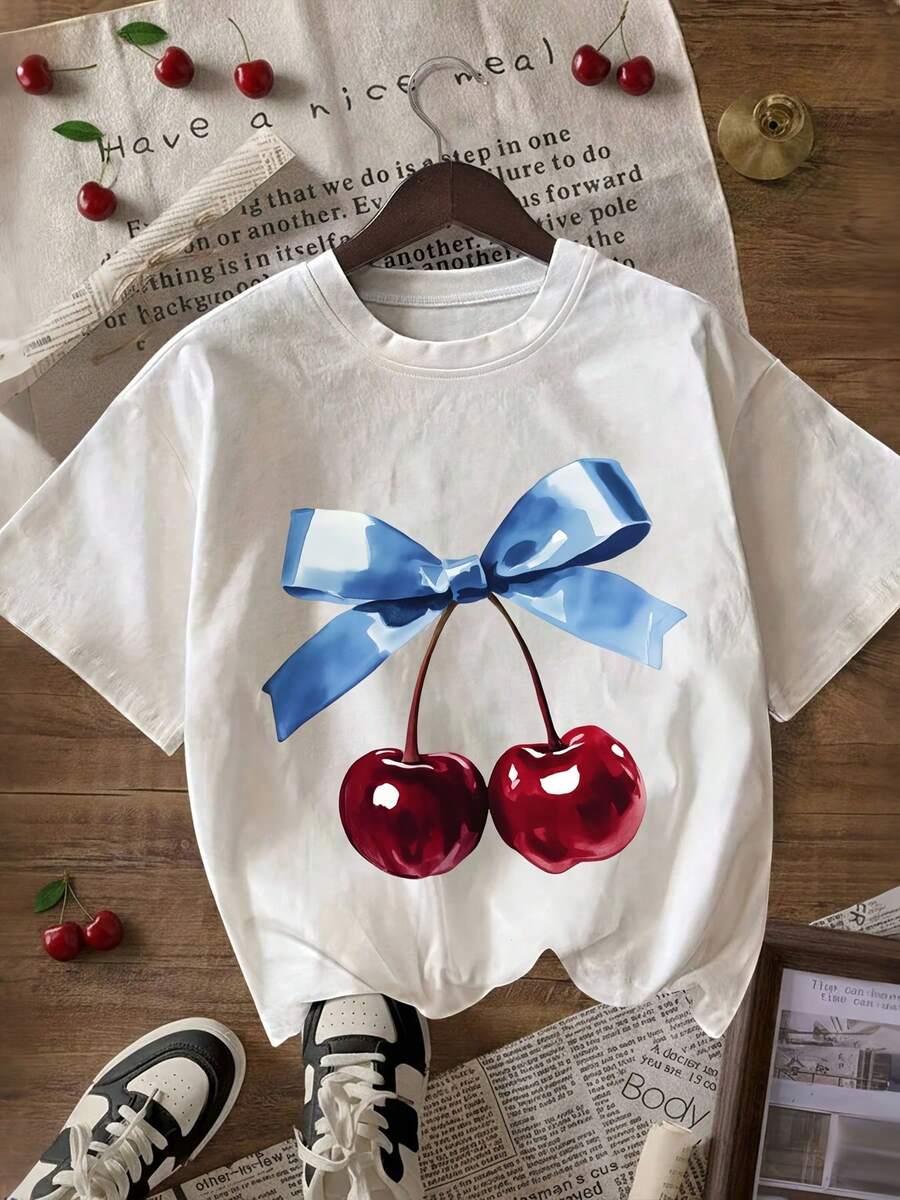 Camiseta de mujer con estampado de lazo de cereza estilo Y2K, camiseta casual de manga corta con cuello redondo, adecuada para uso diario - Camiseta unisex de algodón suelto de manga corta y cuello redondo estilo vintage urbano, blusas para mujer. blusas.blusas casuales para dama. - Blanco - Ver 1