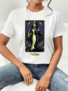 Illustration Of A Mysterious Woman Enveloped In Yellow And Violet Light, Symbolizing Elegance, Inner Strength, And An Enigmatic Aura That Radiates Confidence And Power. Comfortable And Modern Women's T-Shirt For Everyday Wear. - Putih - View 6