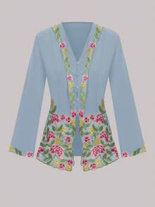 Women's Elegant Romantic Floral Embroidery Button-Up Cardigan, Long Sleeve - Baby Blue - View 1