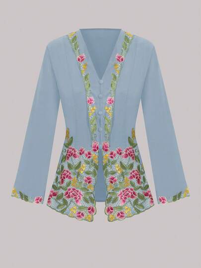 Cárdigan con botones y bordado floral elegante y romántico para mujer, de manga larga