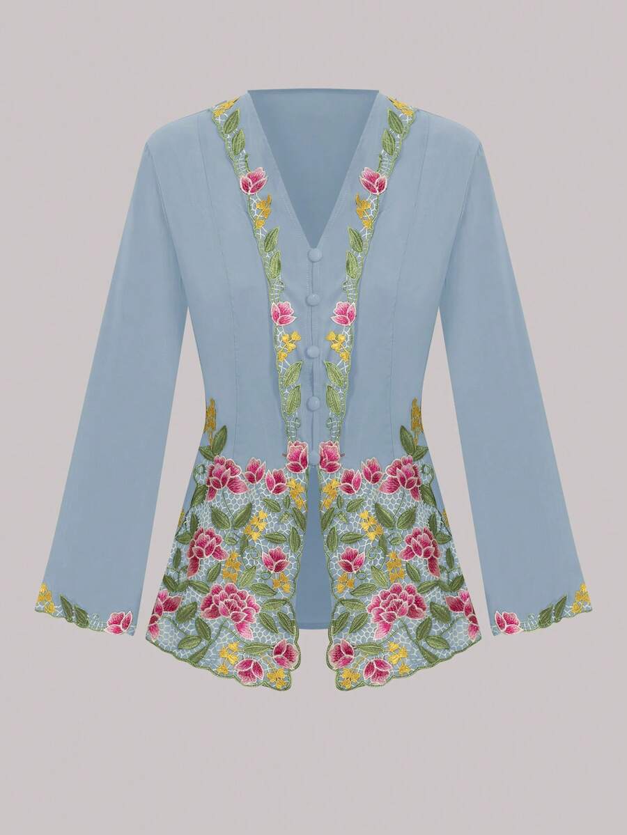 Women's Elegant Romantic Floral Embroidery Button-Up Cardigan, Long Sleeve - Baby Blue - View 1