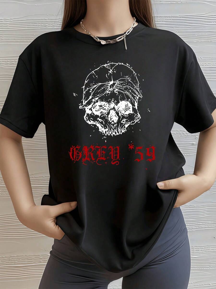 Cráneo formado por trazos blancos que simboliza la conexión entre la fuerza interior y la dualidad humana con letras rojas que evocan energía rebelde camiseta de mujer casual moderna cómoda para uso diario - Negro - Ver 1