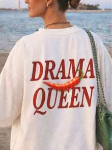 Women's Short-Sleeved T-Shirt With A Fun DRAMA QUEEN Chili Letter Print, American Retro Y2K Spice Girl Style, Loose And Breathable Fit, Ideal For Beach Getaways, Everyday Outings, Music Festivals, Girls' Nights Out, Or Summer Travel. QLPC - 白色的 - 查看 6