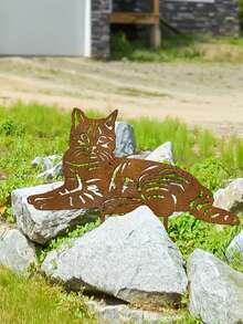1 Stück Metall liegende Katze Gartenstecker Deko, natürlich rostfleckige Katze, faltbar und geeignet für Außengarten, Terrasse, Weihnachten, Katzen Dekoration - A - Übersicht 5