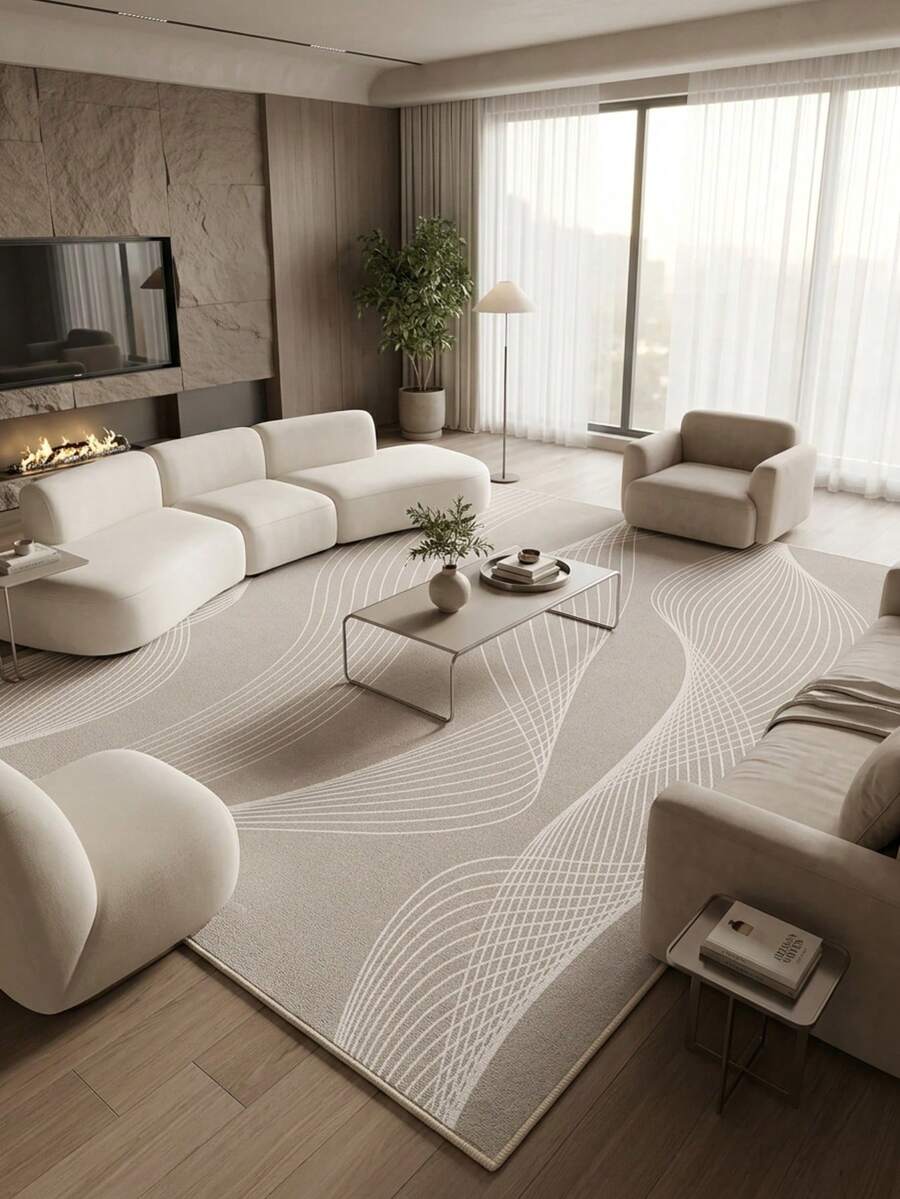 1pc Modern Minimalist Cream-Inspired Creative Abstract Geometric Line Area Rug, Super Soft Plush Faux Wool Contemporary Carpet, Machine Washable Mat, Suitable For Living Room, Bedroom, Bathroom And Entryway - Perfect For Christmas Decor, 700GSM, Indoor/Outdoor Use, Home Decor - Multicolor - View 1