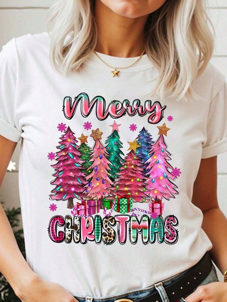 Women's Basic Short-Sleeved T-Shirt, Korean Christmas Casual Style, With Creative Graphic Print Of Christmas Tree And Cute Lettering, Ideal For Christmas Parties. - White - View 1