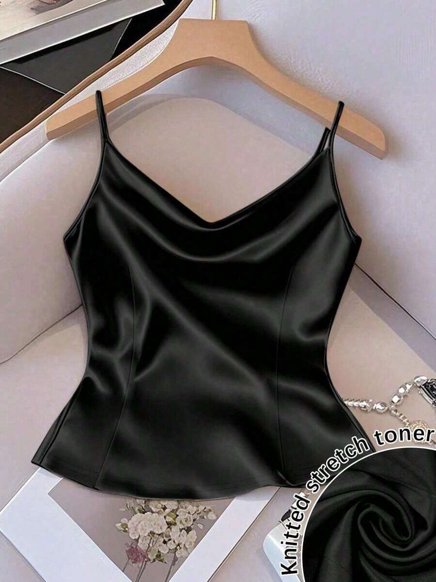 Chaleco sin mangas de mujer de tela tejida brillante, ajuste ceñido, apto para uso diario y para capas, primavera/otoño/invierno - Negro - Ver 1