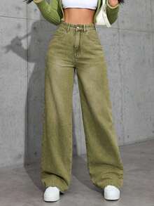 Jeans de mezclilla de unicolor minimalista para uso diario de mujer - Verde - Ver 7