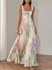 Women's Floral Print Pleated Long Dress With Straps European American Style Summer Casual Elegant Maxi Dress - 白藍色 - 查看 9