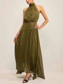 Elegant Midi Dress 2026 European And American Style, Halter Neck, Open Back With Floating Ribbons, Sensual Design For Women - Olive Green - View 7