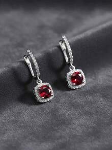 1 Pair 925 Sterling Silver Princess Cut Cubic Zirconia Hoop Earrings For Women, Luxury Elegant Wedding & Engagement Jewelry, Anniversary Gift For Her - 紅色 - 查看 4