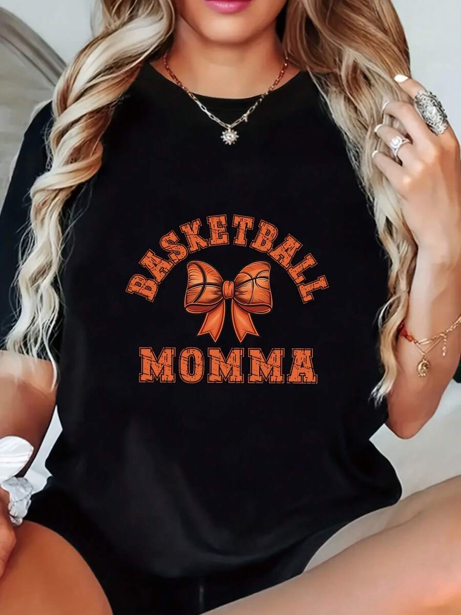 100% Cotton, Plus Size - Basketball Mom T-Shirt - Black T-Shirt With Orange Lettering, Lightweight And Semi-Sheer Top, Suitable For Basketball Moms, Machine Washable Gift, Casual Wear, Bow Design T-Shirt, Breathable Fabric, Clothing, Stylish Design, Durable Construction, Short Sleeve T-Shirt, For Enthusiasts - Everyday Wear T-Shirts - 黑色 - 查看 1