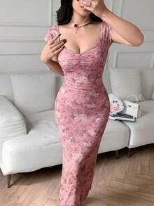 Vestido ajustado estampado casual para mujer - Rosa - Ver 4