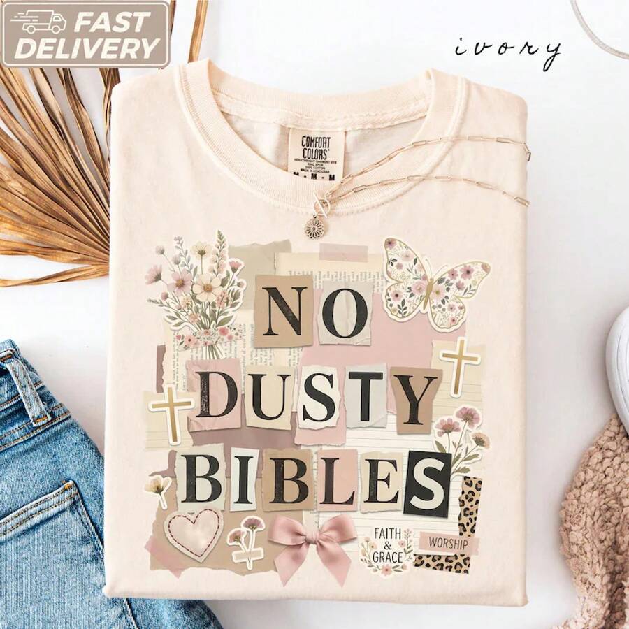 Vintage Women's T-Shirt With The Phrase "No Duty Bibles", Christian Faith Design Top, Jesus Religious T-Shirt, Inspirational Clothing For Bible Lovers, Christian Gift. - 杏色 - 查看 1