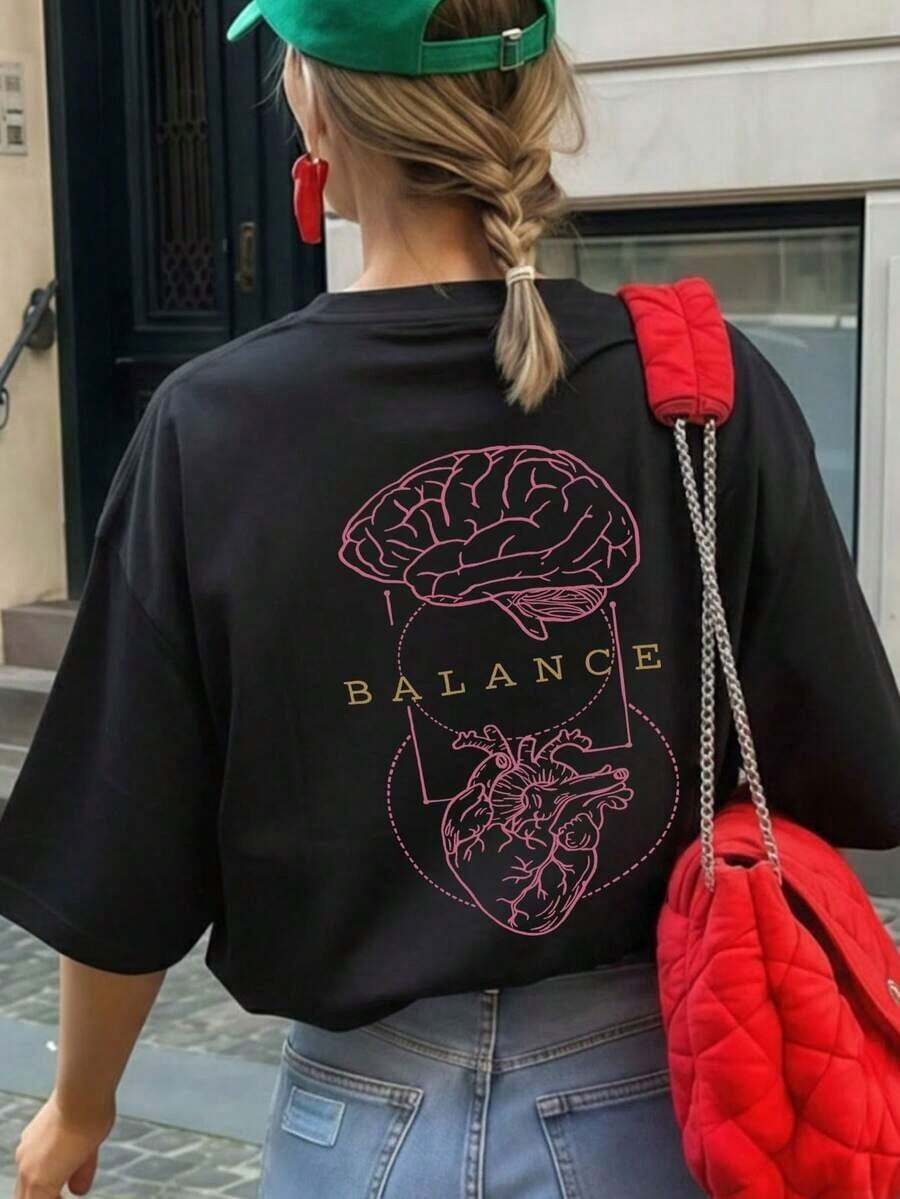 NewSummerCasual Women's Short Sleeve Crew Neck T-Shirt For Summer With "Anatomy Of The Brain And Heart" Print - BALANCE, Suitable For Street, Daily Wear, Work, Office Party, Going Out, Casual Holiday Occasions - Vintage Street Style Unisex Loose Cotton Short Sleeve Crew Neck T-Shirt - 黑色 - 查看 1