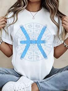 Fashionable Casual T-Shirt With Zodiac Wheel Design For Women, Summer Clothes, Gift For Astrology Lovers - White - View 6