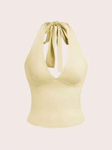 Top de tirantes de cuello halter sin espalda con cuello en V de color liso, uso casual diario - Amarillo claro - Ver 5