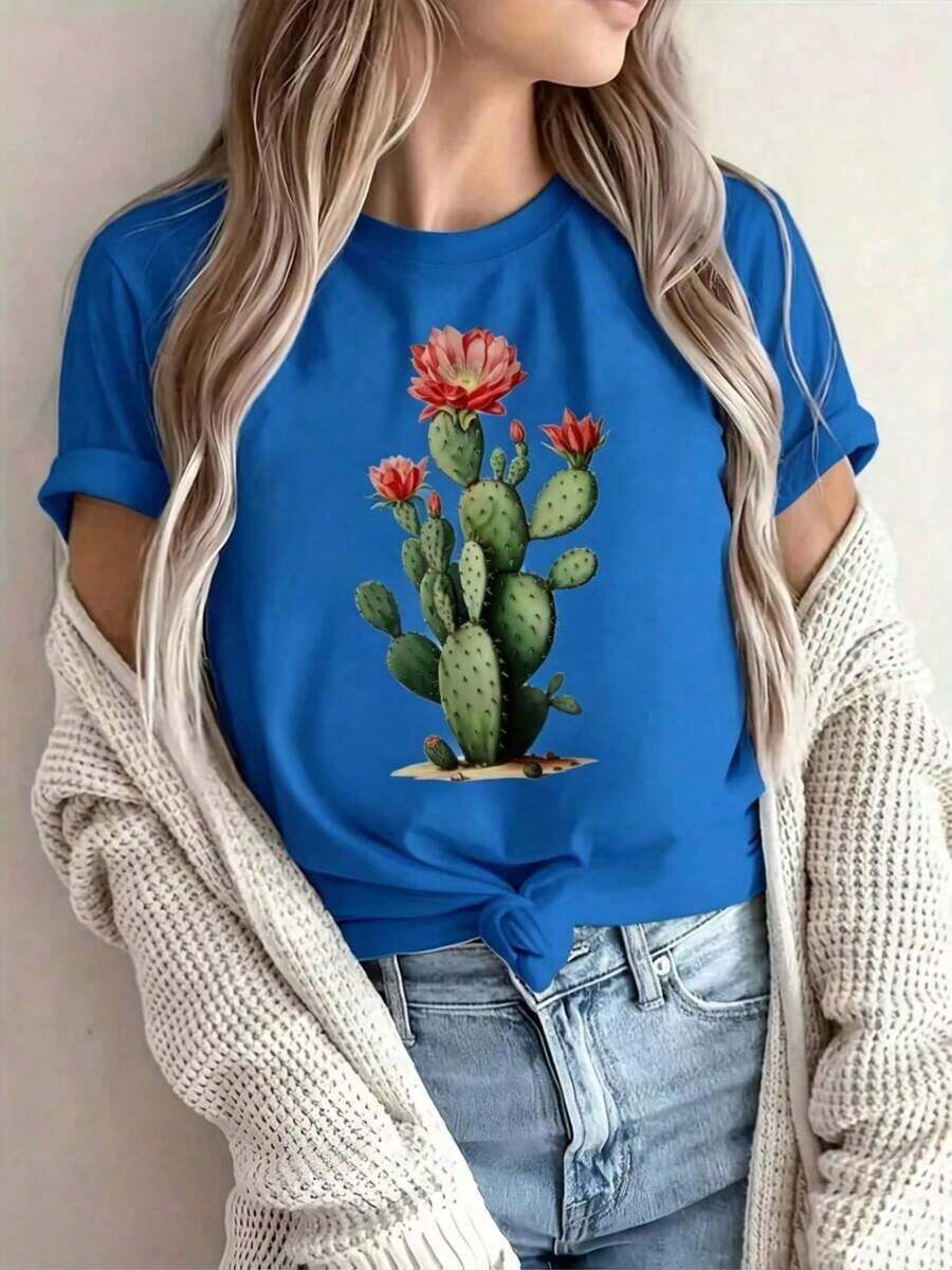 |   1 Playera para Mujer 100% Algodón Transpirable | Camiseta gráfica casual de mujer con diseño de flor de cactus del desierto - Impresión transpirable, cuello redondo de manga corta, algodón ligero, top de verano con flores rojas vibrantes y hojas verdes - Ideal para el verano-Vintage Street Style Unisexoose Cotton Short Sleeve Crew Neck T-Shirt - Azul - Ver 1