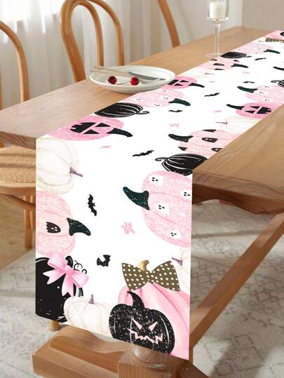 1 Khăn trải bàn Halloween hình bí ngô và dơi màu hồng, kích thước 180*35cm, chất liệu polyester, dùng để trang trí Halloween, trang trí bàn tiệc Halloween, trang trí nhà cửa, trang trí Halloween vui nhộn, trang trí trung tâm bàn, trang trí Halloween ma quái.