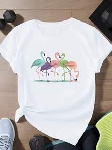 Soft, Five Flamingos In A Row Summer Short Sleeve T-Shirt For Everyday Wear, Crew Neck, Drop Shoulders - Versatile Design - White - View 7