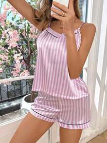 Conjunto de pijama para mujer con top de tirantes de satén a rayas y estampado, y shorts - Multicolor - Ver 5