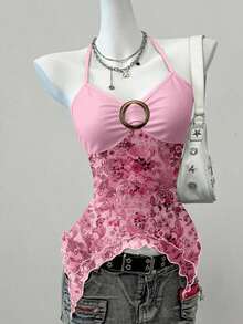 Blusa casual de mujer con cuello de corbata y estampado de anacardo, versátil para uso diario - Rosa 2 - Ver 3