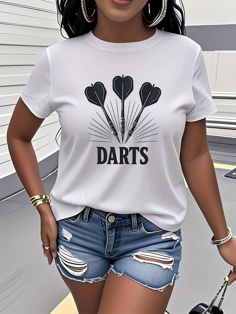 Women's T-Shirt Made Of Pure Cotton, Casual Loose Style, With Dart Print, Short Sleeves And Round Neck, Fashionable Women's Clothing, Retro, Unique And Modern, Urban Casual, For Daily Wear, For Parties, Casual Sports, Birthday Gift. - 白色 - 查看 1