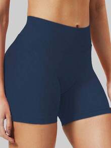 Pantalones cortos de yoga sin costuras de cintura alta para mujer - Levantamiento de glúteos elástico, adecuado para correr, fitness y actividades al aire libre| Apariencia de moda| Tela elástica de verano - Azul marino - Ver 7
