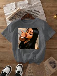 Camiseta de Mujer con Estampado Divertido de Muñeca, Manga Corta, Cuello Redondo, Estilo Casual, Adecuada para Primavera y Otoño, Ropa de Mujer - Negro - Ver 9