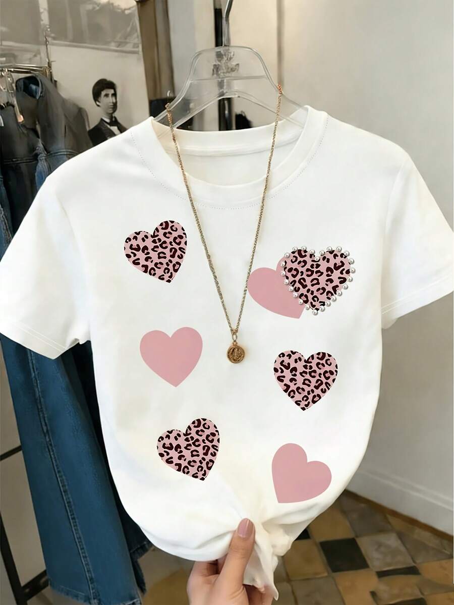 Women's T-Shirt With Pink Leopard Print And Pearl Rhinestones - Short-Sleeved, Round-Neck Top, Blouse-Friendly, Not See-Through, Machine Washable, Summer T-Shirt Suitable For Casual Wear, Parties, And Everyday Outfits - Pink Leopard Print And Pearl Rhinestones - 白色 - 查看 1