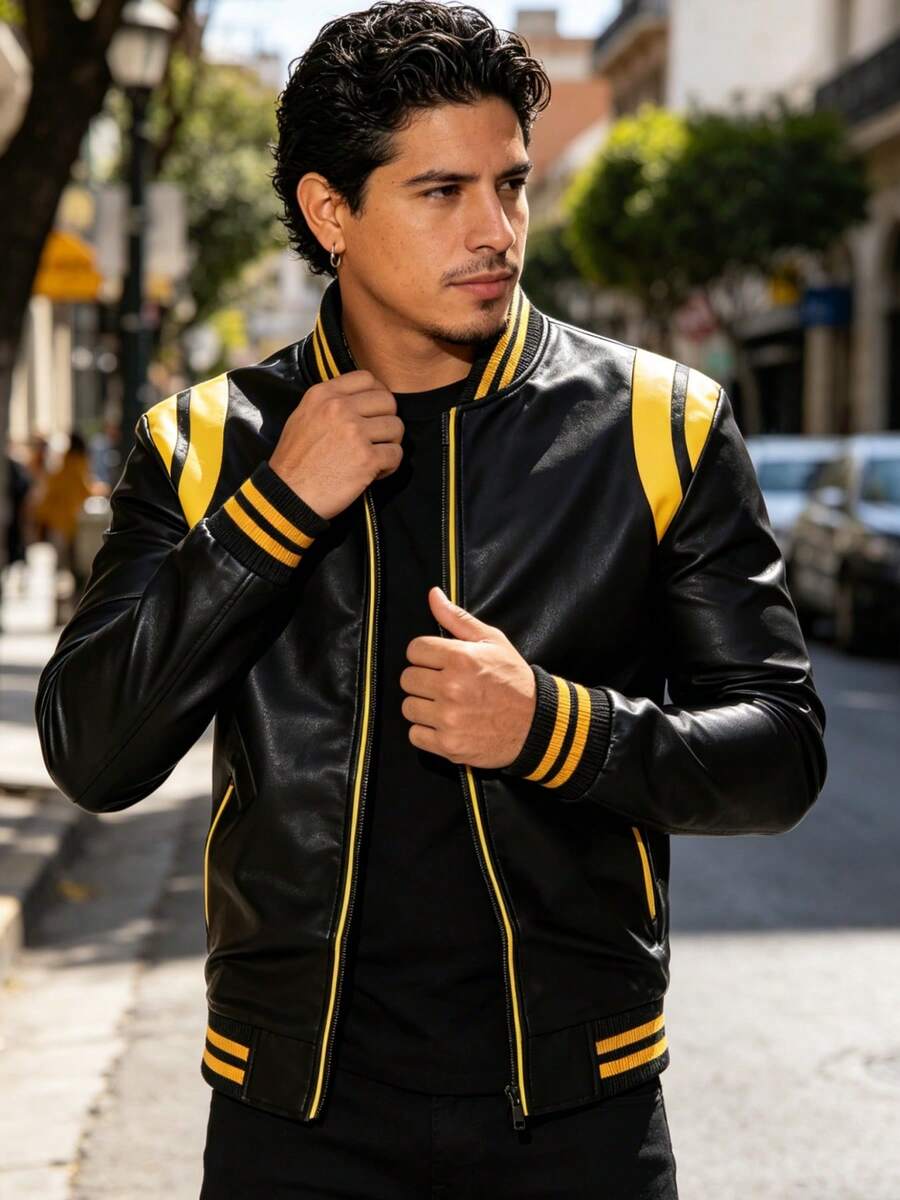 Men's Urban Style Jacket In Faux Leather, Long Sleeve With Zip Closure, Regular Fit, Casual Color Block Design, Pockets, Polyester Lining And Baseball Collar. - Black - View 1