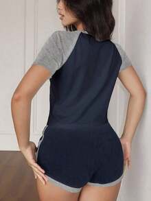 Conjunto de pijama informal de 2 piezas con mangas raglán de color contrastante - Azul marino - Ver 5