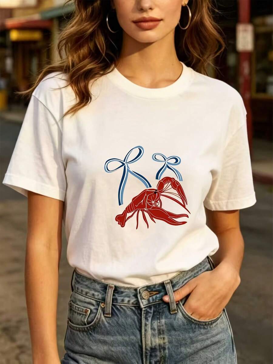 Everyday Top With Lobster Bow Print, 180g Summer T-Shirt, Casual Short Sleeve Shirt For Women, Patriotic Gift For Independence Day, Team Wear, Essential For Family Gatherings, Crew Neck Top - Unisex Loose Cotton Short Sleeve Crew Neck Urban Vintage Style T-Shirt. - 白色 - 查看 1
