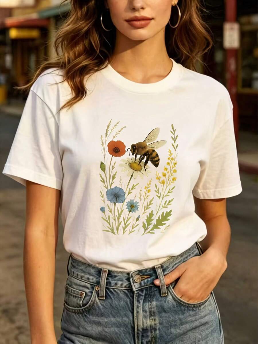 Designed For Modern, Stylish, And Comfortable Women, This 180g Bee Flower Print T-Shirt Is A Casual Summer Garment Suitable For Family Outings, Office Team-Building Activities, And As A Holiday Gift. It's A Comfortable And Stylish Everyday T-Shirt Made From Premium Soft And Breathable Fabric, Designed For All-Day Comfort And Versatile Wear, Perfect For Casual Outings. - 白色 - 查看 1