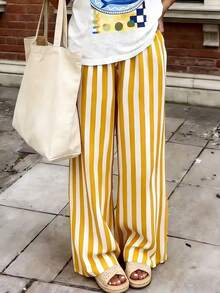 Pantalones sueltos y casuales a rayas para mujer, pantalones ligeros y cómodos de estilo bohemio elegante para primavera, verano y otoño, vacaciones en color rosa - Amarillo - Ver 9