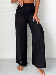 Swim Pantalones cover up unicolor de cintura elástica - Negro - Ver 5