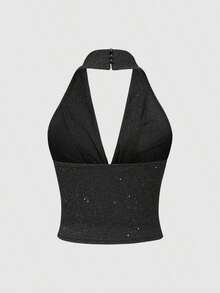 corto de camisola de punto metálico con lentejuelas para mujer, top sexy de espalda descubierta y ajustado al Body - Negro - Ver 2