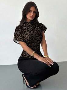 Blusa ajustada de estampado animal minimalista y casual con cuello fruncido, manga asimétrica y cintura fruncida, para mujer, para todas las estaciones - Blanco 4 - Ver 1