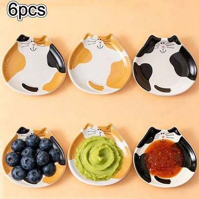 6pcs 4-Inch Cute Cat Ceramic Dipping Dishes, Mini Plates Suitable For Soy Sauce, Snacks, Salad, Party, Restaurant, Home Use