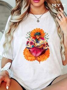 Vintage Style Graphic T-Shirt For Football Fans, With Mexican Girl Floral Print, Soft To The Touch Fabric, Breathable Material, Soft Texture, Loose Fit, Casual Wear, Streetwear, Perfect For Daily Wear, Outdoor Activities, Music Festivals, Parties Or As A Creative Gift For Friends. - 白色 - 查看 8