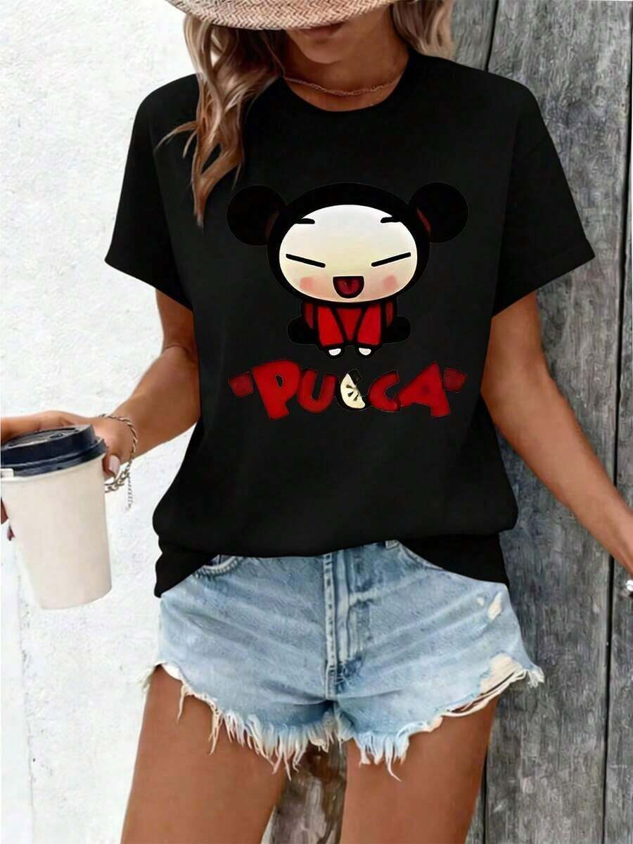 This Women's Casual Cotton T-Shirt Features A Pucca Cartoon Character Design, Including Her Image And The Word PUCCA. A New Short-Sleeved T-Shirt For Women, A Casual Printed Top, And A Stylish Garment For Ladies. Versatile Style Suitable For Summer. - 黑色 - 查看 1