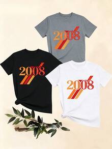 Women's T-Shirts, Women's T-Shirts, Casual One-Piece T-Shirt Set, Short Sleeve Round Neck Top With 2008 Number Print, Comfortable Summer Top For Women. - 1件白色隨機圖案 - 查看 1