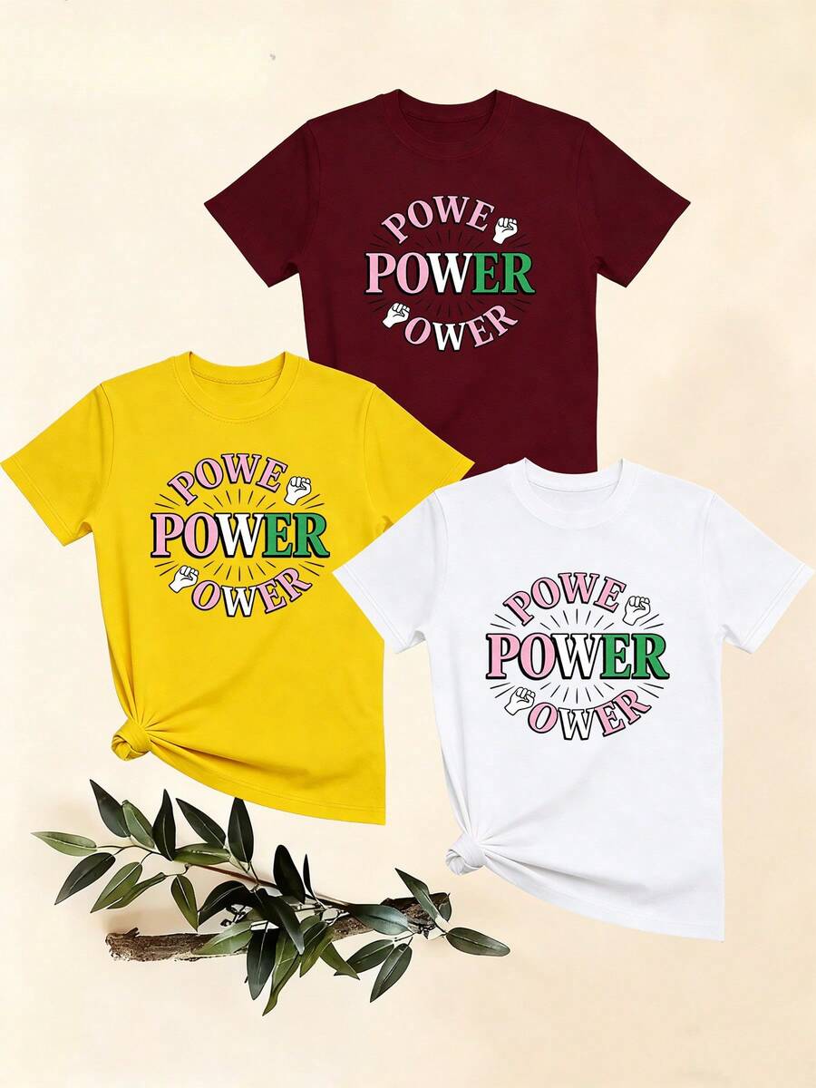 Women's T-Shirts, Women's T-Shirts, Casual One-Piece T-Shirt For Women With Repeated Power Letter Print And Cuff Design, Comfortable, Breathable, Fashionable And Versatile. - 1件白色隨機圖案 - 查看 1