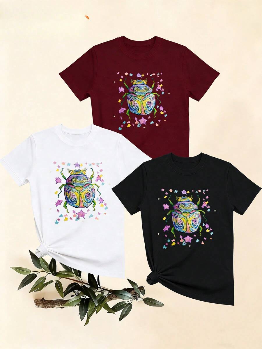 Women's T-Shirts, Women's T-Shirts, Casual One-Piece T-Shirt With Colorful Beetle And Star Print, Round Neck, Short Sleeve, Comfortable, Breathable, Loose Fit, Suitable For Daily Wear. - 1件白色隨機圖案 - 查看 1