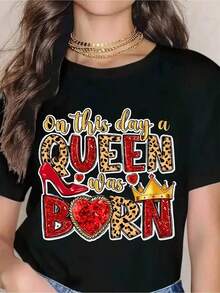 NEW On This Day A Queen Was Born Leopard Print T-Shirt For Women - Birthday Gift, Royal Crown And Heel Design, Funny T-Shirt For Queens, Celebrate Her Birthday In Style - Unisex Loose Cotton Short Sleeve Crew Neck T-Shirt Vintage Urban Style - 黑色 - 查看 6