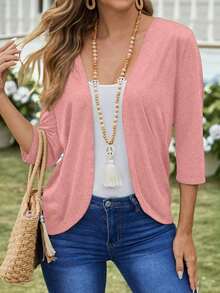 Chaqueta ligera de mujer de unicolor con abertura frontal y manga 3/4 casual - Rosa - Ver 7